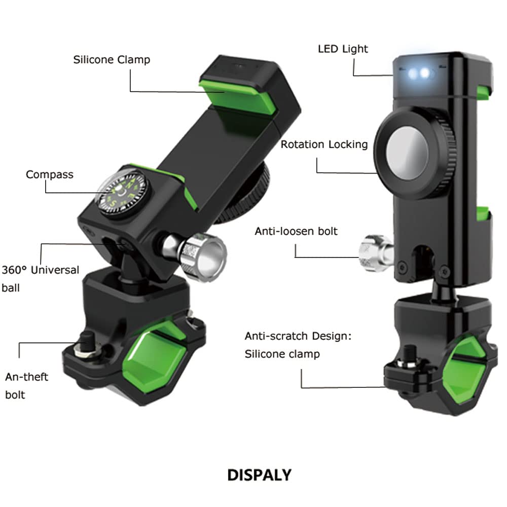 Vagary Universal Bike eBike Motorcycle Handlebar Mobile Phone Mount Bicycle Holder Cycling Stand Clamp Support with LED with Light & Compass