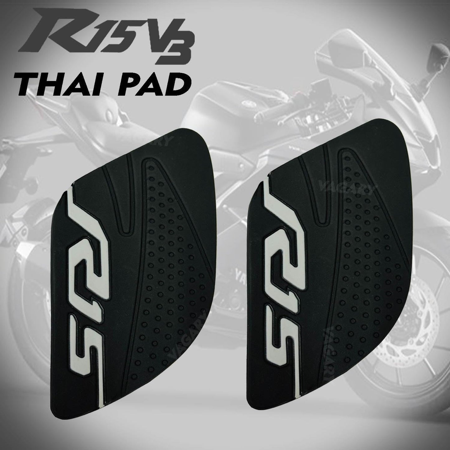 Vagary Anti Slip Silicone Tank Pad/Thai Pad for Yamaha R15 V3 (Black-Siver)