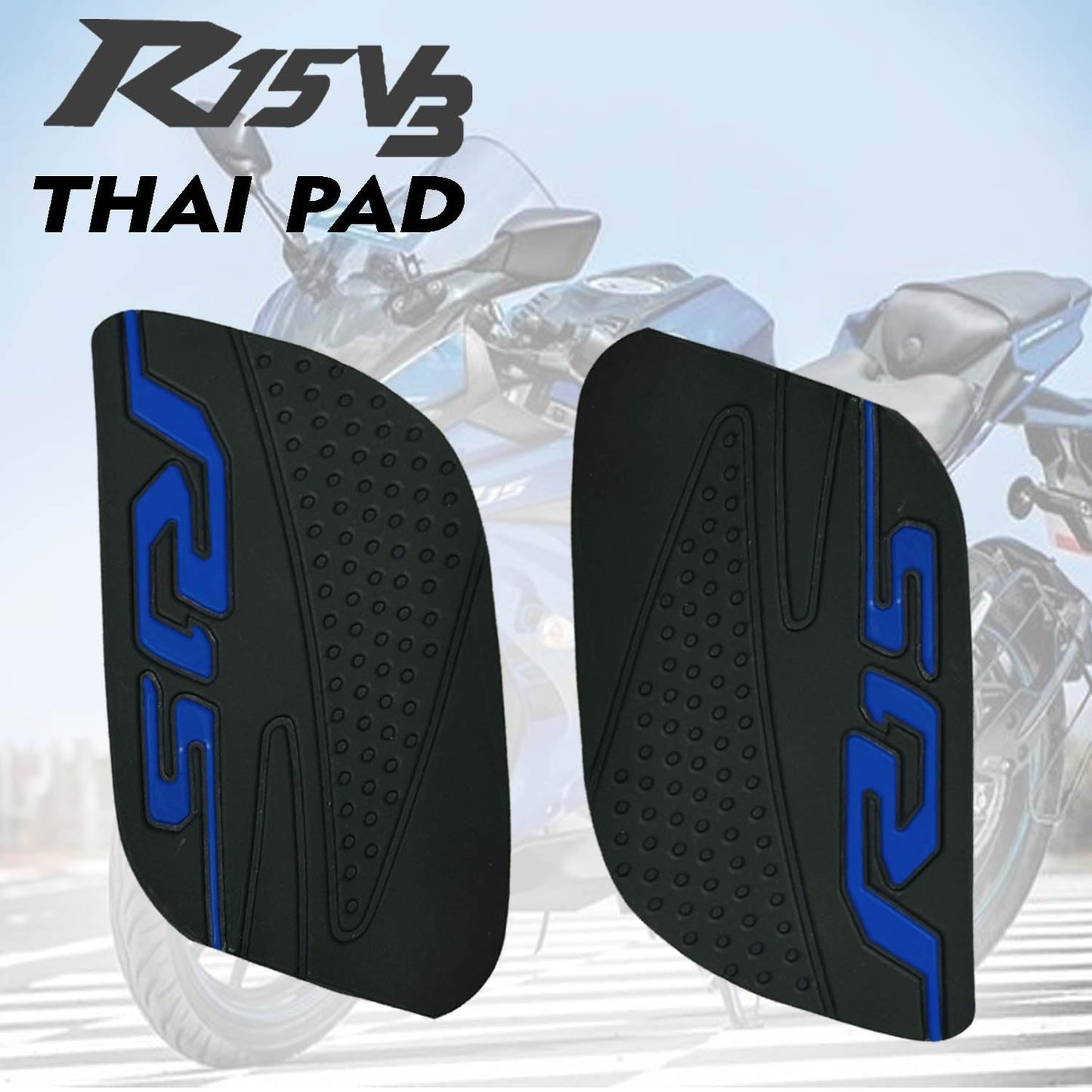Vagary Anti Slip Silicone Tank Pad/Thai Pad for Yamaha R15 V3 (Black-Blue)