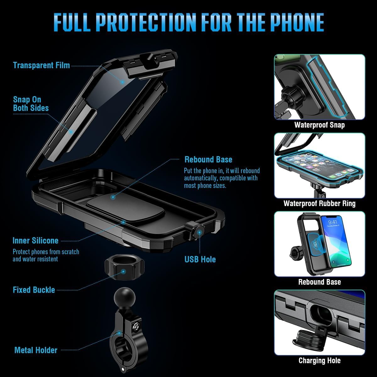 Vagary Fully Covere 360° Rotation Detachable Handlebar Motorcycle Bike Mobile Holder for All Smartphone 5.5-6.8