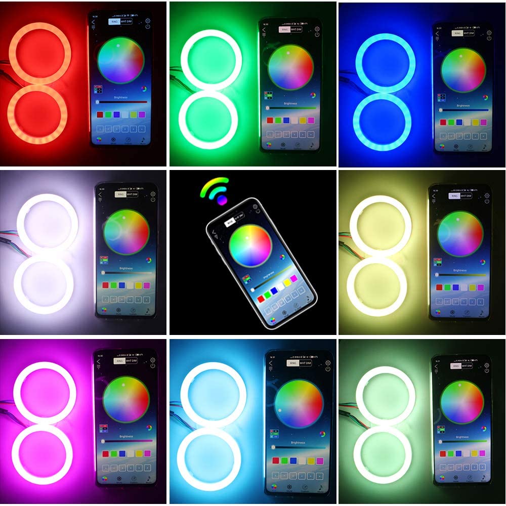 Vagary 70MM Multi-Color RGB LED Halo Rings Light COB 60SMD Smart Phone iOS Android App Bluetooth Control Car Angel Eyes Circle Ring Headlight Lamp Daytime Running Lights (DRL) 12V