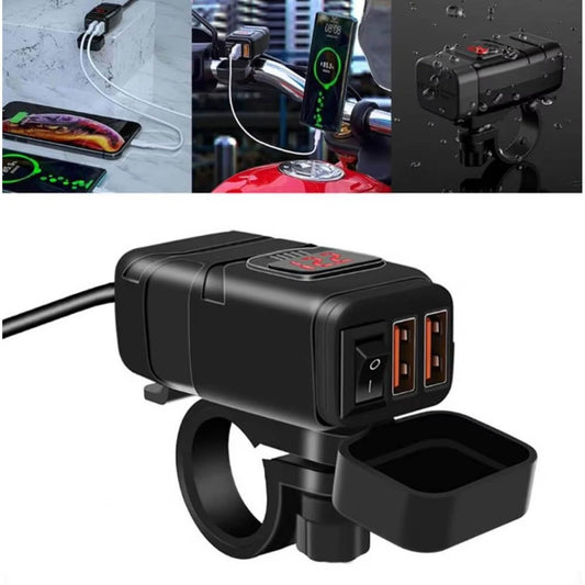 Vagary Dual USB Charger Socket with Voltmeter Motorcycle Handlebar Clamp Fast USB Charger for Mobile Phone GPS