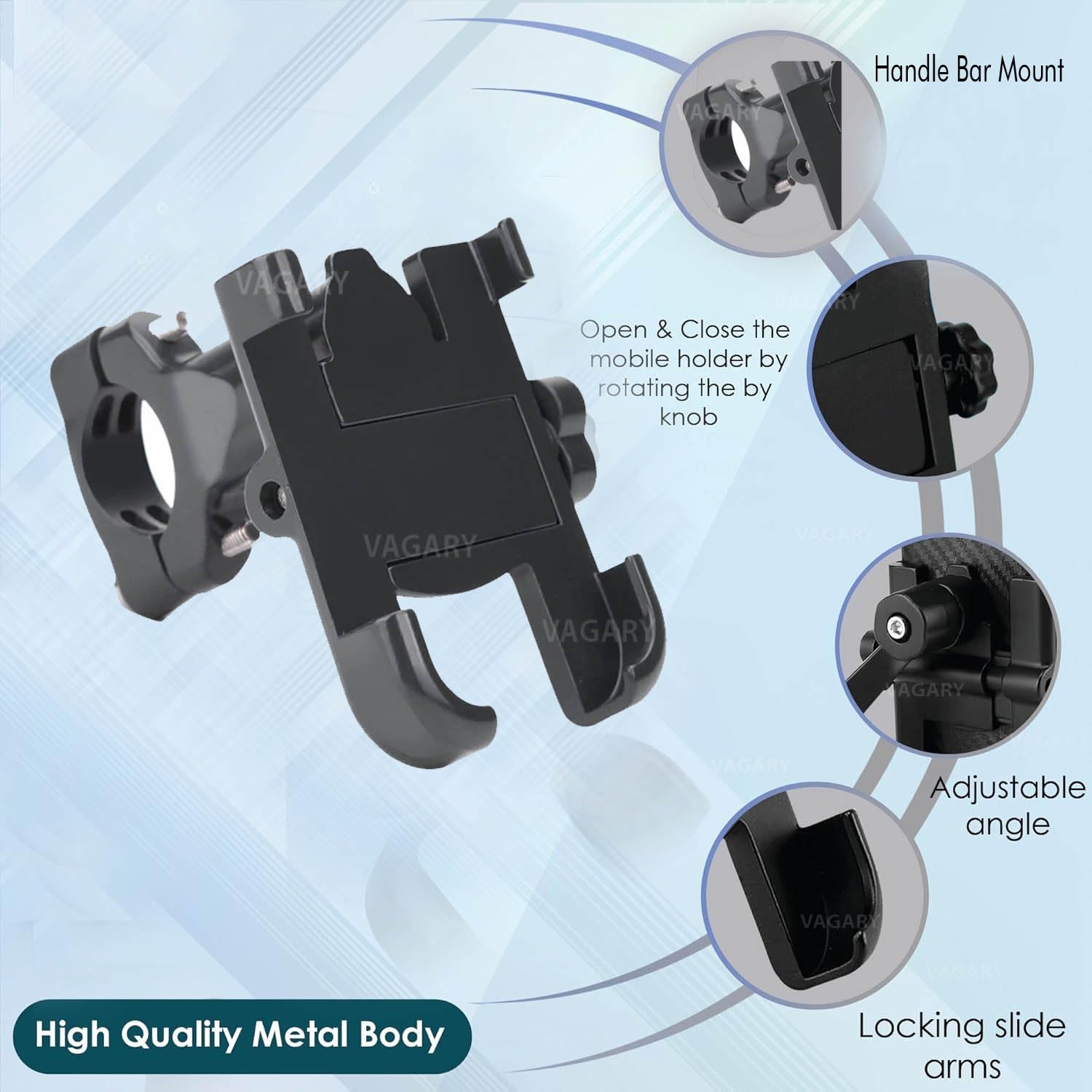 Vagary Universal Bike Mobile Holder Metal Body 360 Degree Rotating Handlebar Metal Body Cradle Stand for Bicycle, Bike Fit All Type Smartphones (Black)