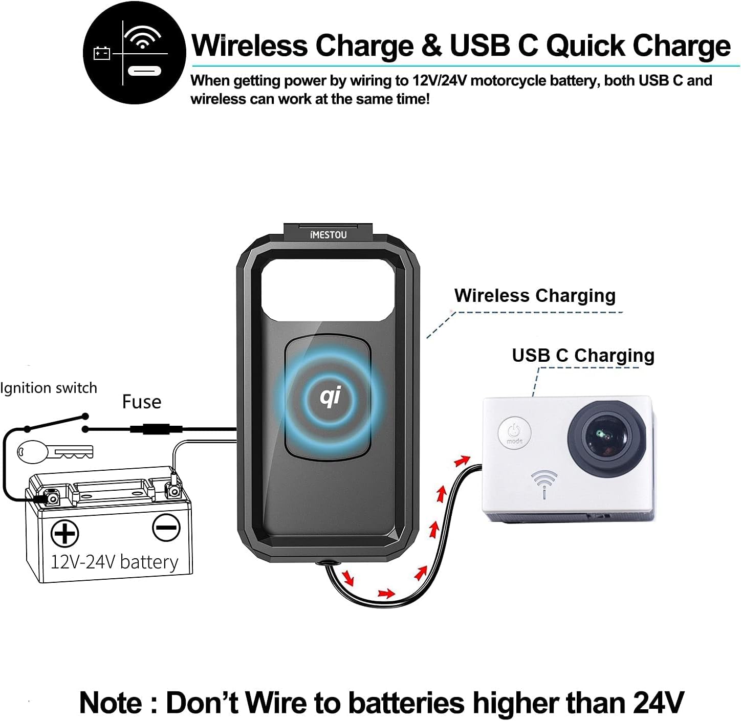 Vagary Motorcycle Mobile Holder, Waterproof IP67 Wireless Phone Holder with Qi and USB C Charger, 360° Rotation for Handlebar Mobile Holder (Black)