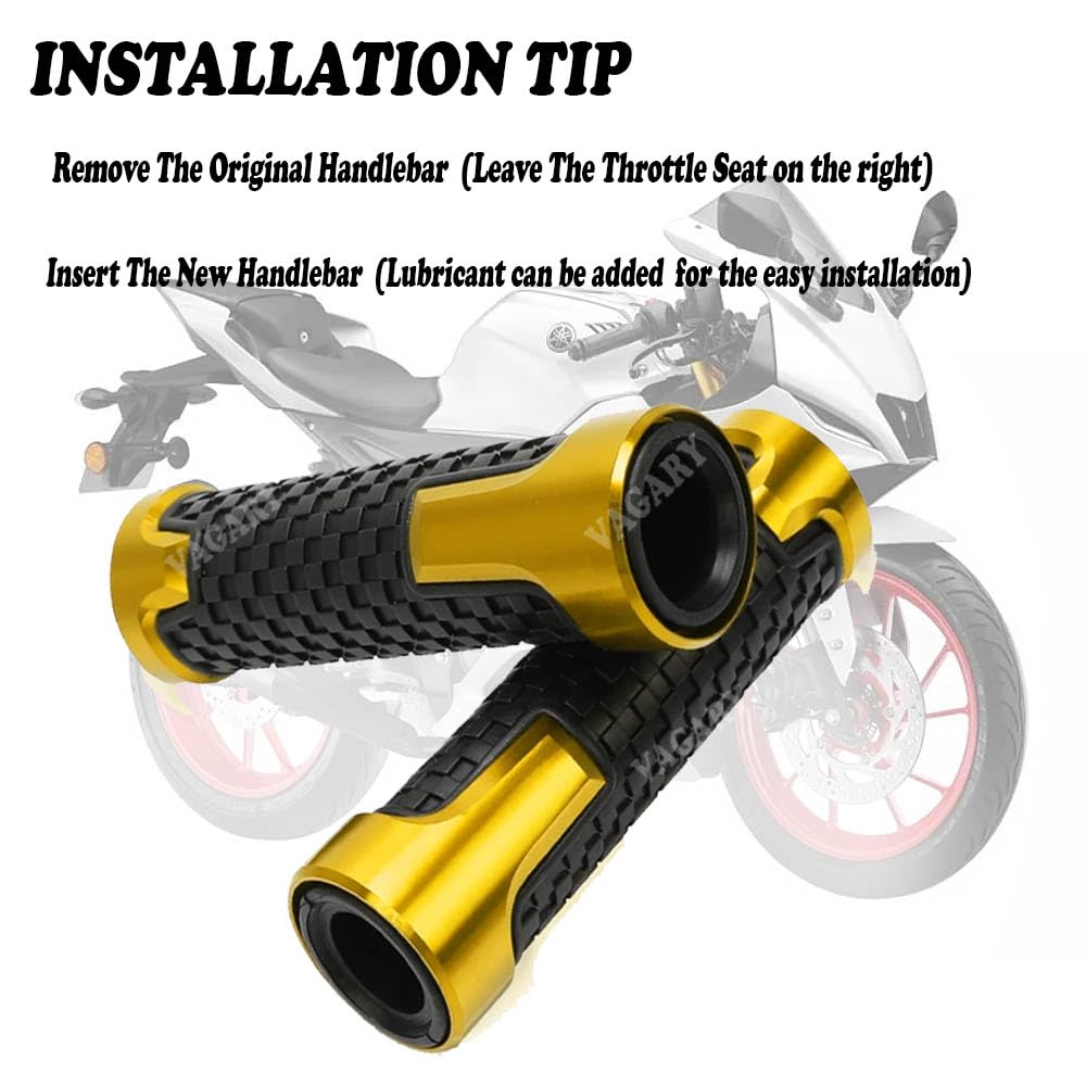 Vagary Aluminum Alloy Motorcycle Handle Grips - 7/8" 22mm Rubber Handlebar Universal Fit for KTM, Yamaha, Ducati, Kawasaki, Benelli, for Honda, Aprilia, Suzuki (Golden)