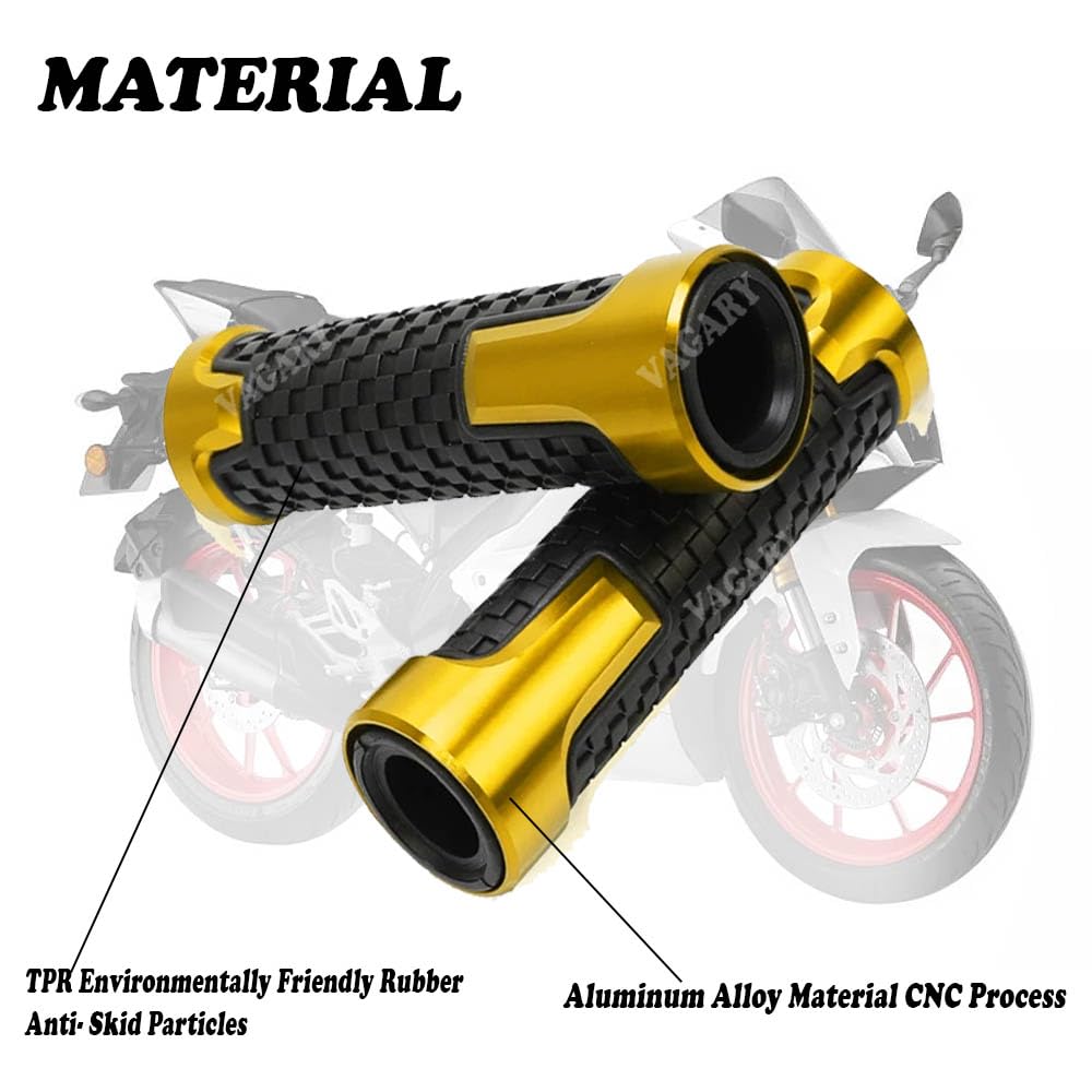 Vagary Aluminum Alloy Motorcycle Handle Grips - 7/8" 22mm Rubber Handlebar Universal Fit for KTM, Yamaha, Ducati, Kawasaki, Benelli, for Honda, Aprilia, Suzuki (Golden)