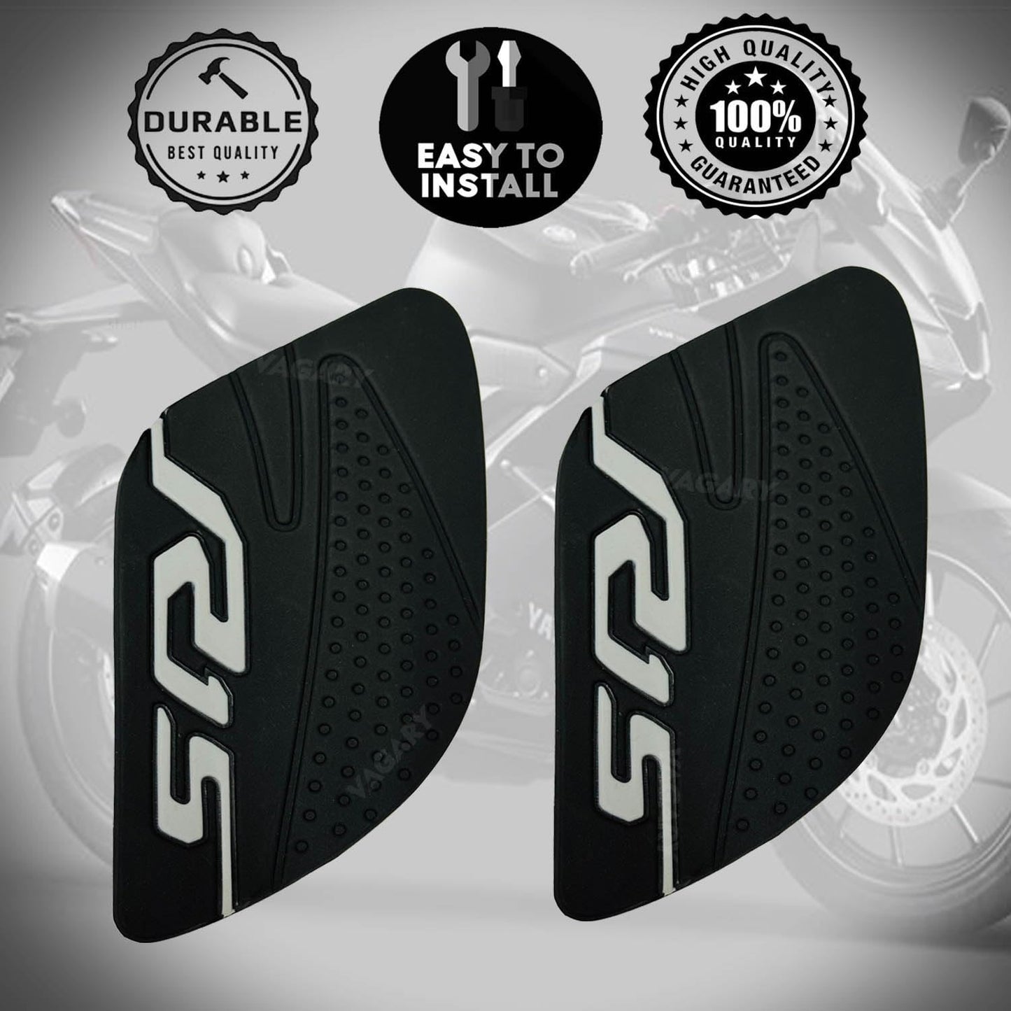 Vagary Anti Slip Silicone Tank Pad/Thai Pad for Yamaha R15 V3 (Black-Siver)