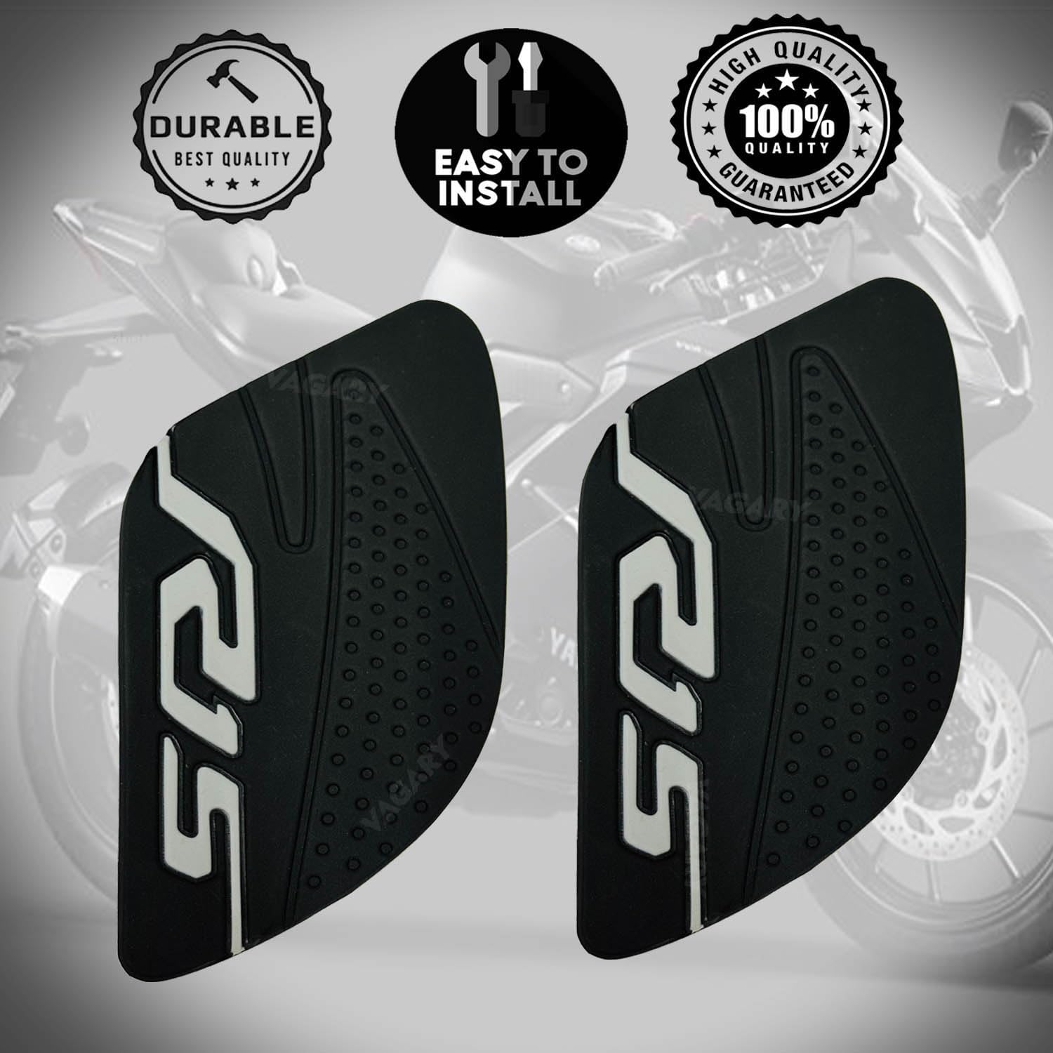Vagary Anti Slip Silicone Tank Pad/Thai Pad for Yamaha R15 V3 (Black-Siver)