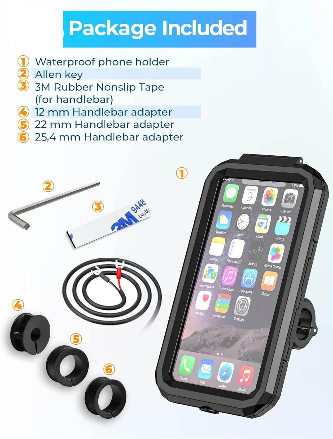 Vagary Motorcycle Mobile Holder, Waterproof IP67 Wireless Phone Holder with Qi and USB C Charger, 360° Rotation for Handlebar Mobile Holder (Black)