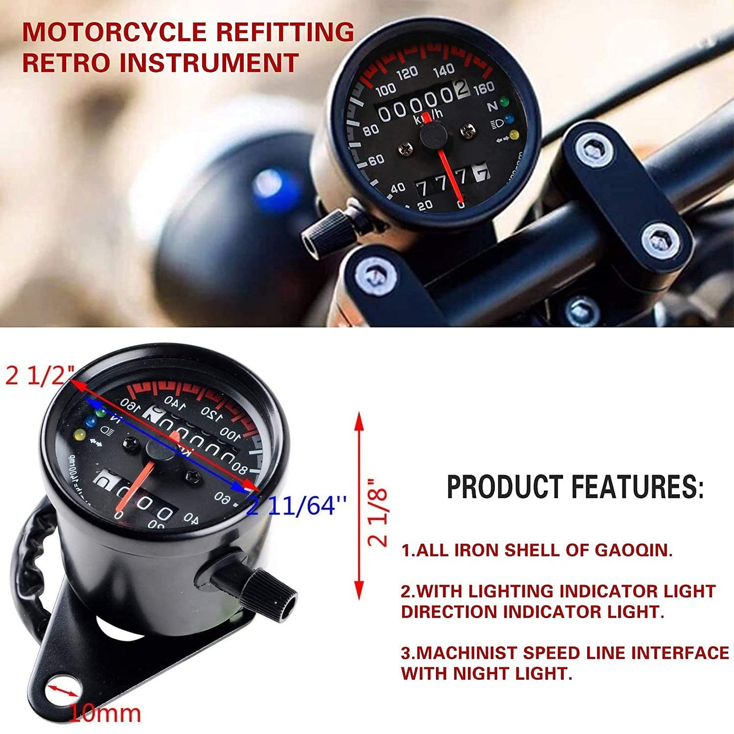Vagary Universal Motorcycle Dual Odometer Speedometer Gauge LED Background Light Analog Speedometer (Universal for Bike), Pack of 1, Black