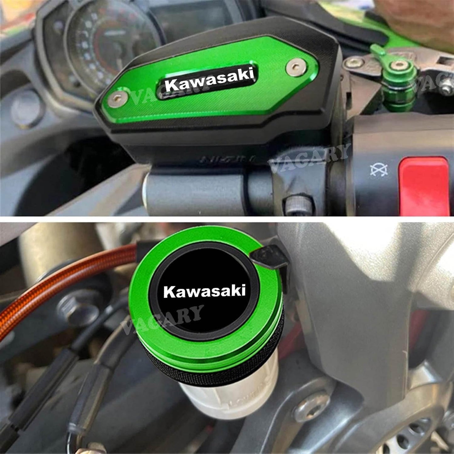 Vagary 3pc Combo CNC Front and Rear Brake Fluid Cylinder Master Reservoir Cover Cap and Side Stand Extednder for Kawasaki Z900 (Green)