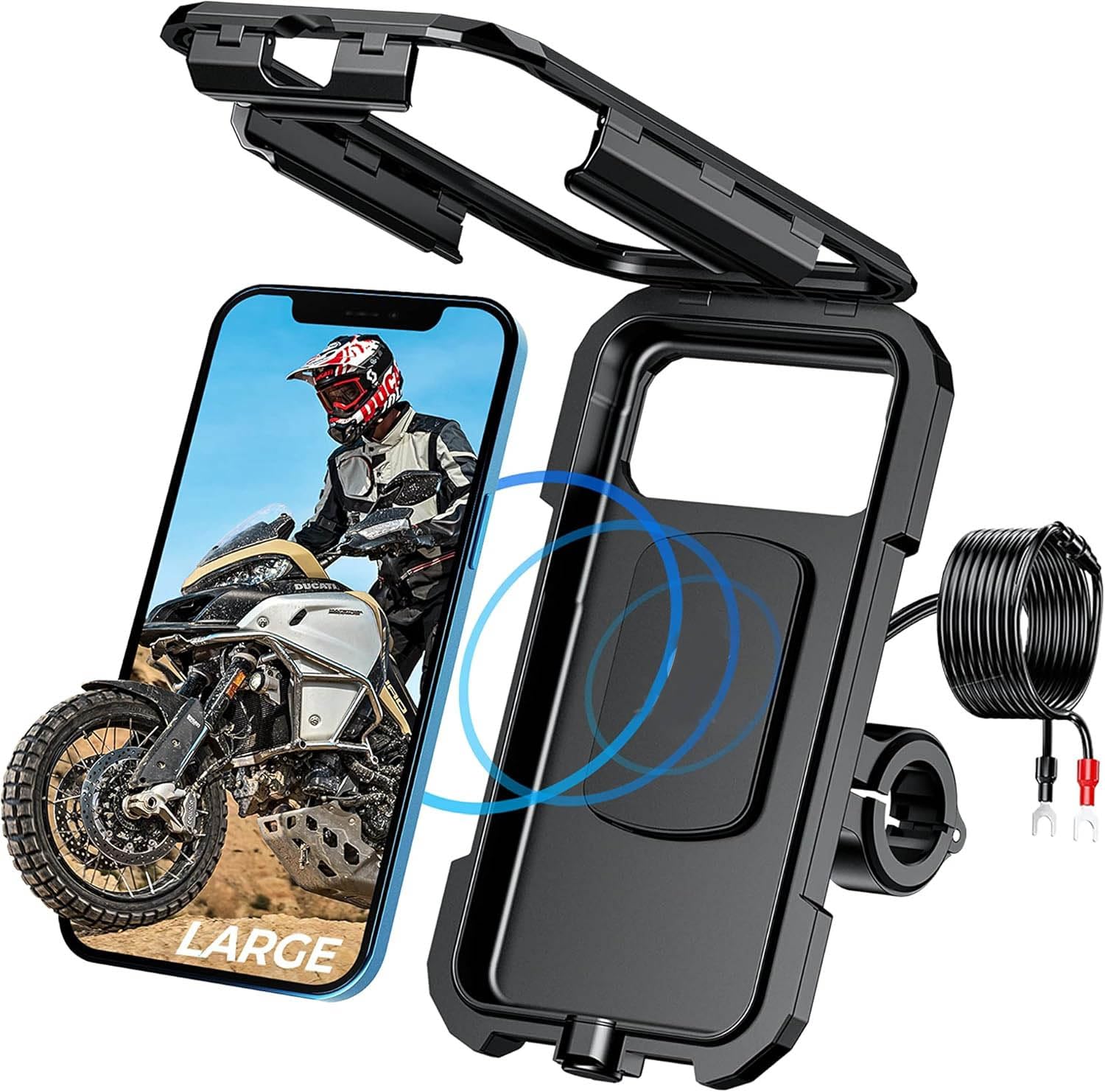Vagary Motorcycle Mobile Holder, Waterproof IP67 Wireless Phone Holder with Qi and USB C Charger, 360° Rotation for Handlebar Mobile Holder (Black)