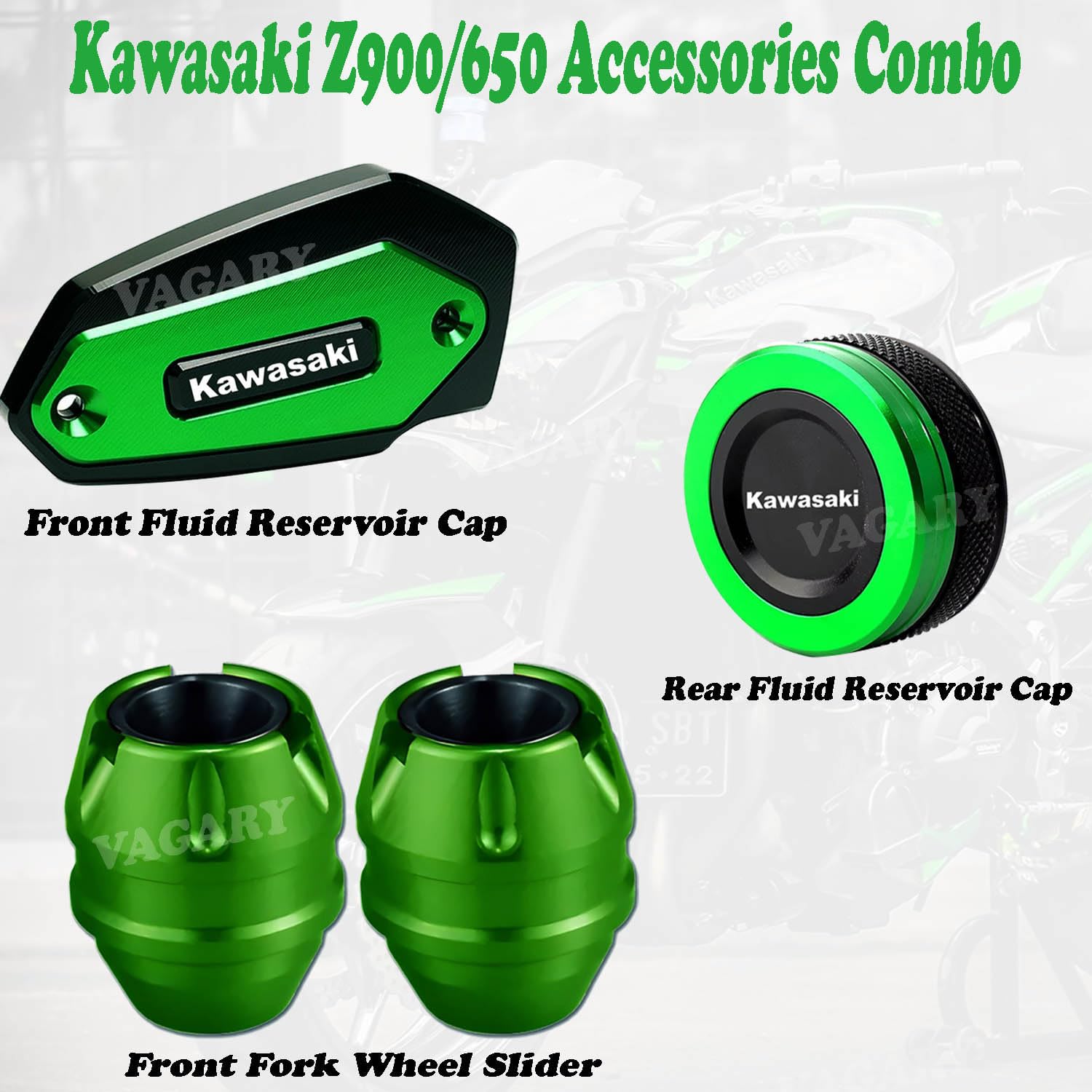 Vagary CNC Front and Rear Brake Fluid Cylinder Master Reservoir Cover Cap with Front Fork Wheel Slider for Kawasaki Z900 /650 (3pc Combo)
