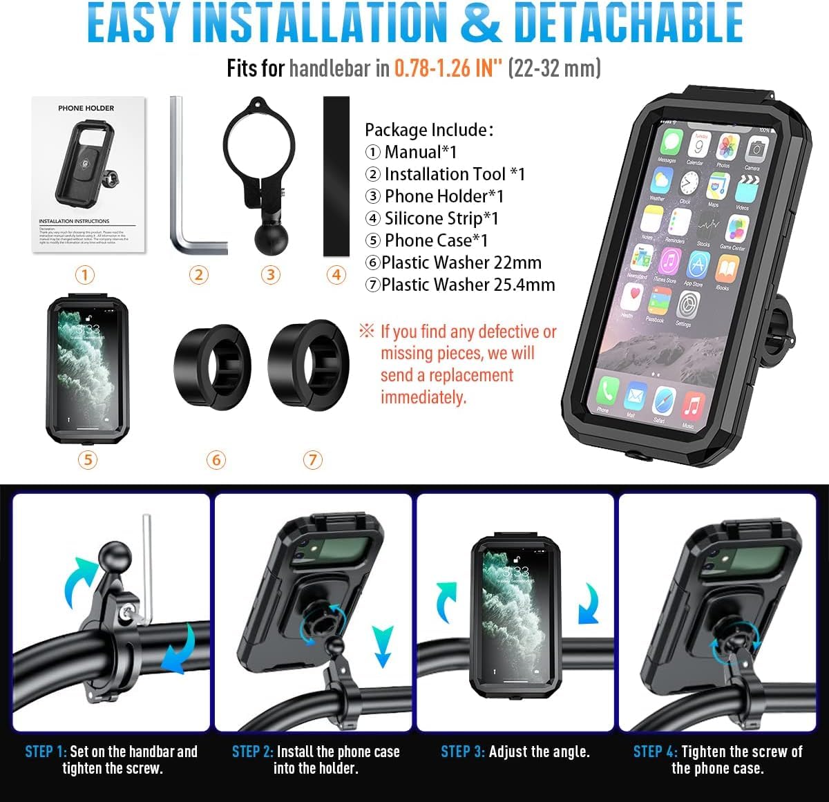 Vagary Fully Covere 360° Rotation Detachable Handlebar Motorcycle Bike Mobile Holder for All Smartphone 5.5-6.8