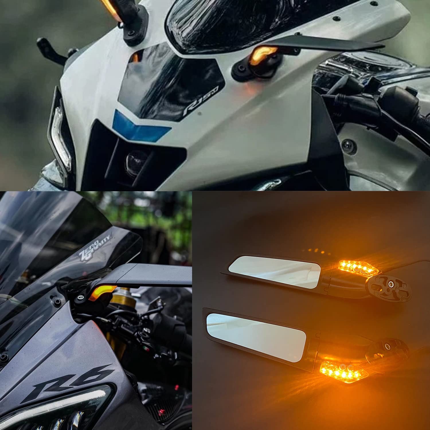 Vagary Wing Rearview Stealth Mirrors Fully-Faired Bikes For R15 V4M, R15 V4, R15 V3 | Ninja 250 300 400 GSX250R 360 Adjustable (Black, Pack of 2, With Led Light)