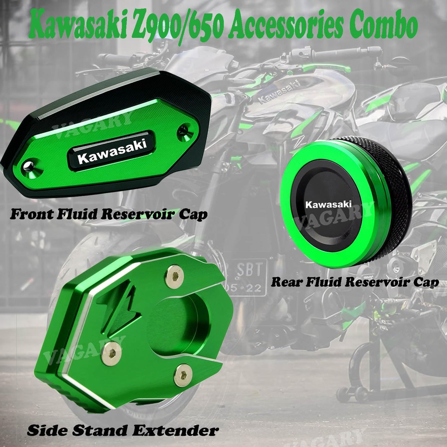 Vagary 3pc Combo CNC Front and Rear Brake Fluid Cylinder Master Reservoir Cover Cap and Side Stand Extednder for Kawasaki Z900 (Green)