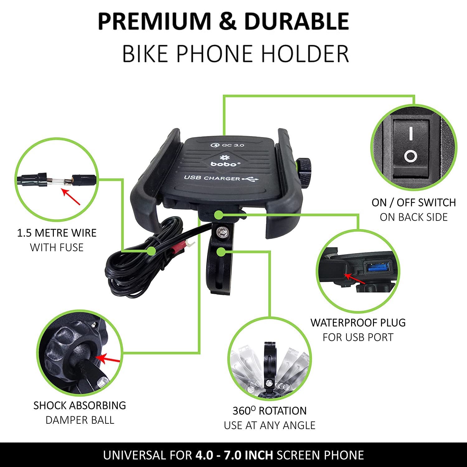 Vagary haw Grip Waterproof Bike | Motorcycle | Scooter Mobile Phone Holder Mount with Fast USB QC 3.0 Charger & 360° Rotation for Maps and GPS Navigation (Black)