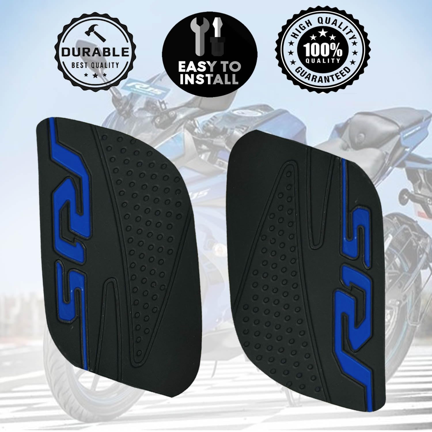 Vagary Anti Slip Silicone Tank Pad/Thai Pad for Yamaha R15 V3 (Black-Blue)