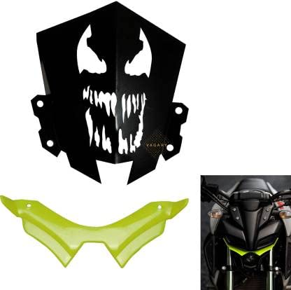Vagary Combo of Yamaha MT 15 Skull Design Metal Visor Windshield with Green Winglet Bike Headlight Visor