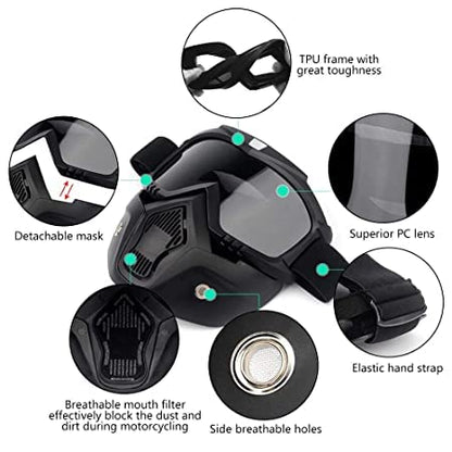 Vagary Goggles Mask Helmet Goggles Road Riding Uv Mouth Filter Cycling Goggles with Detachable Mask (One Size Black)