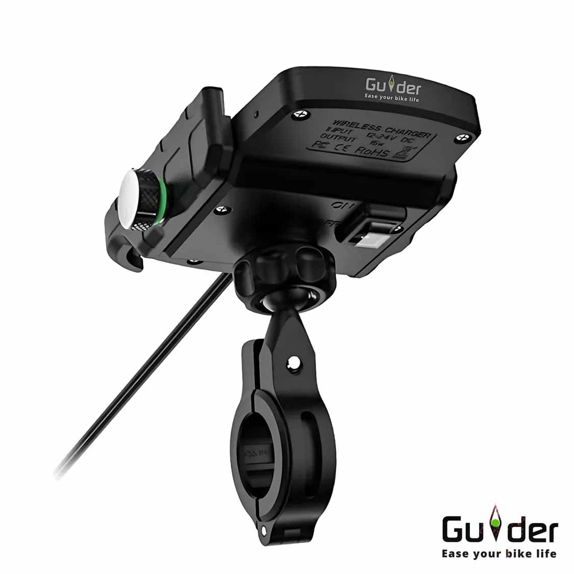 Guider Jaw-Grip Waterproof Bike Mobile Phone Holder Mount with Fast 15W Wireless & USB-C Input/Output Charger, Ideal for Maps and GPS Navigation (Black)