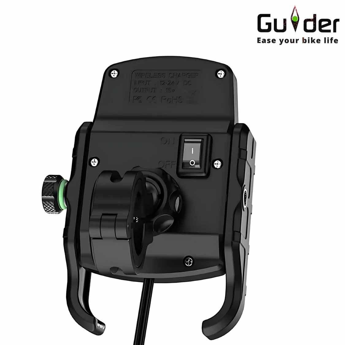 Guider Jaw-Grip Waterproof Bike Mobile Phone Holder Mount with Fast 15W Wireless & USB-C Input/Output Charger, Ideal for Maps and GPS Navigation (Black)