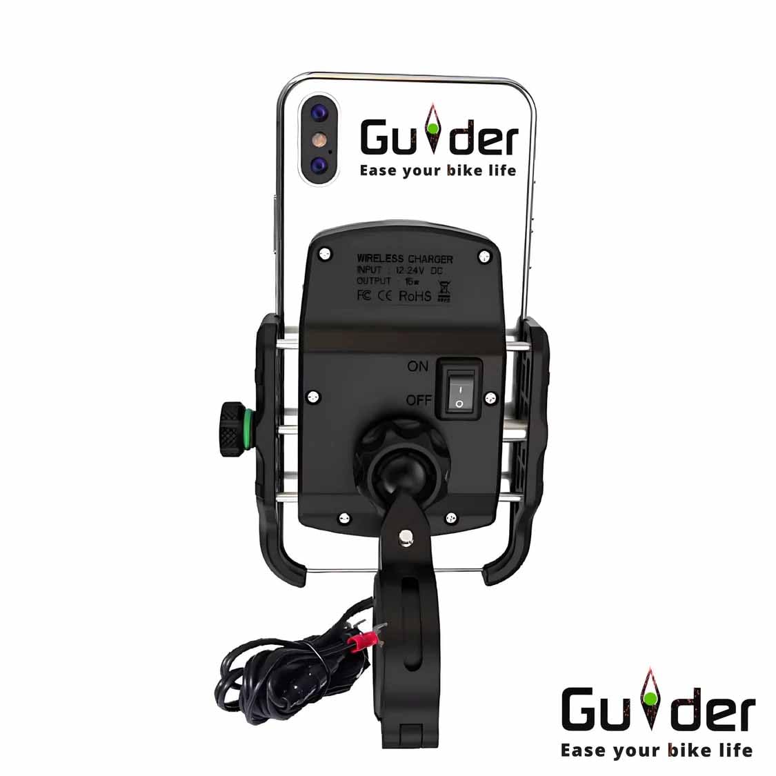 Guider Jaw-Grip Waterproof Bike Mobile Phone Holder Mount with Fast 15W Wireless & USB-C Input/Output Charger, Ideal for Maps and GPS Navigation (Black)