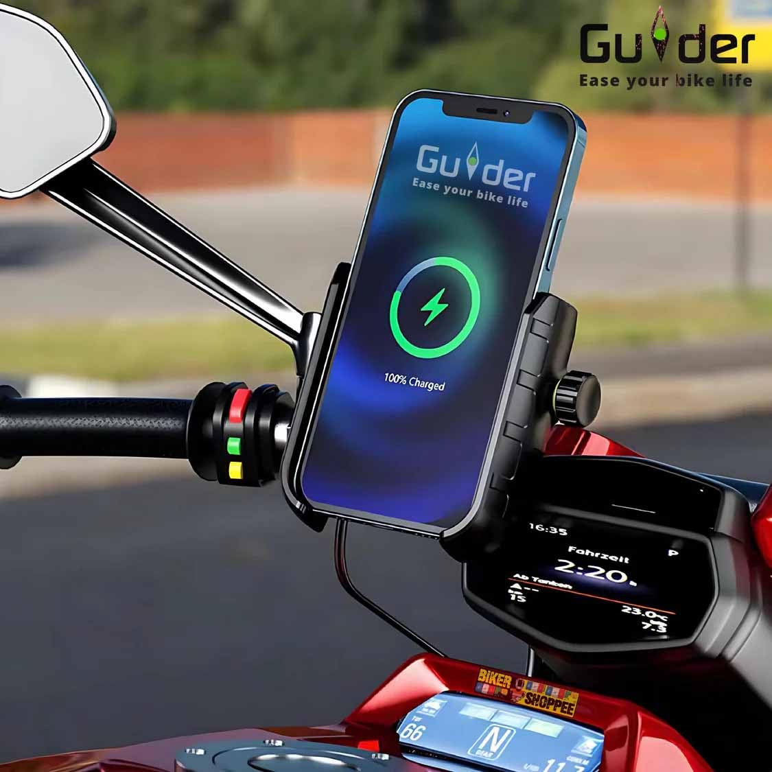 Guider Jaw-Grip Waterproof Bike Mobile Phone Holder Mount with Fast 15W Wireless & USB-C Input/Output Charger, Ideal for Maps and GPS Navigation (Black)