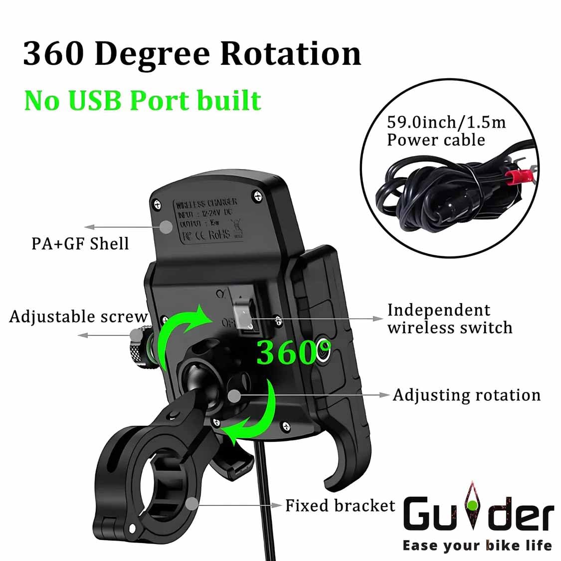 Guider Jaw-Grip Waterproof Bike Mobile Phone Holder Mount with Fast 15W Wireless & USB-C Input/Output Charger, Ideal for Maps and GPS Navigation (Black)