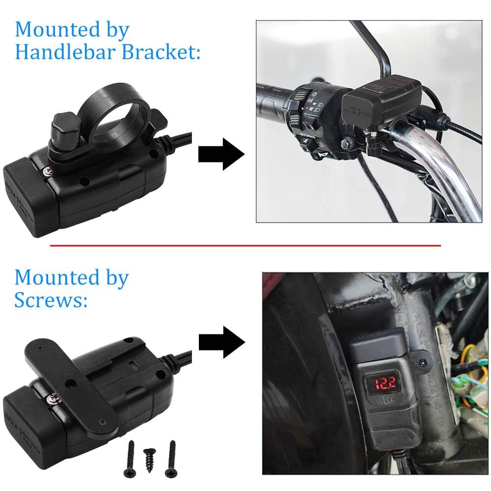 Vagary Dual USB Charger Socket with Voltmeter Motorcycle Handlebar Clamp Fast USB Charger for Mobile Phone GPS