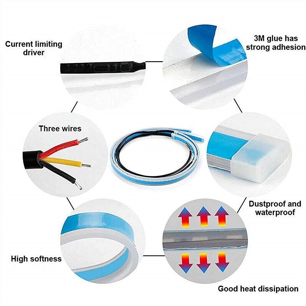 Vagary Universal Car Headlight 60cm DRL | Daytime Running Light | Flexible Light Soft Tube Guide Car LED Strip White and Yellow