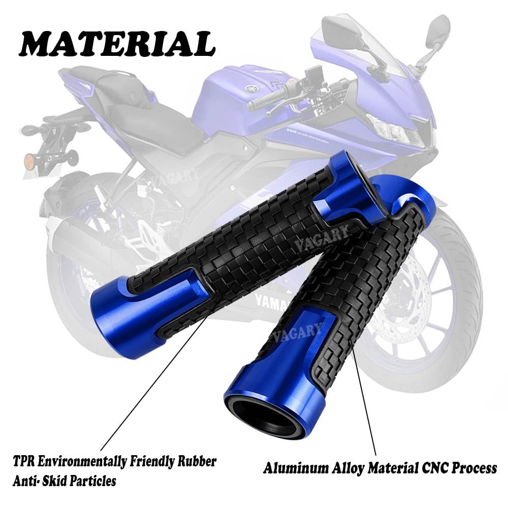 Vagary CNC Aluminum Alloy Motorcycle Handle Grips 7/8" 22mm Rubber Handlebar for Yamaha R15 V3, V4, R15M. Aerox 155, FZ-X (Blue)