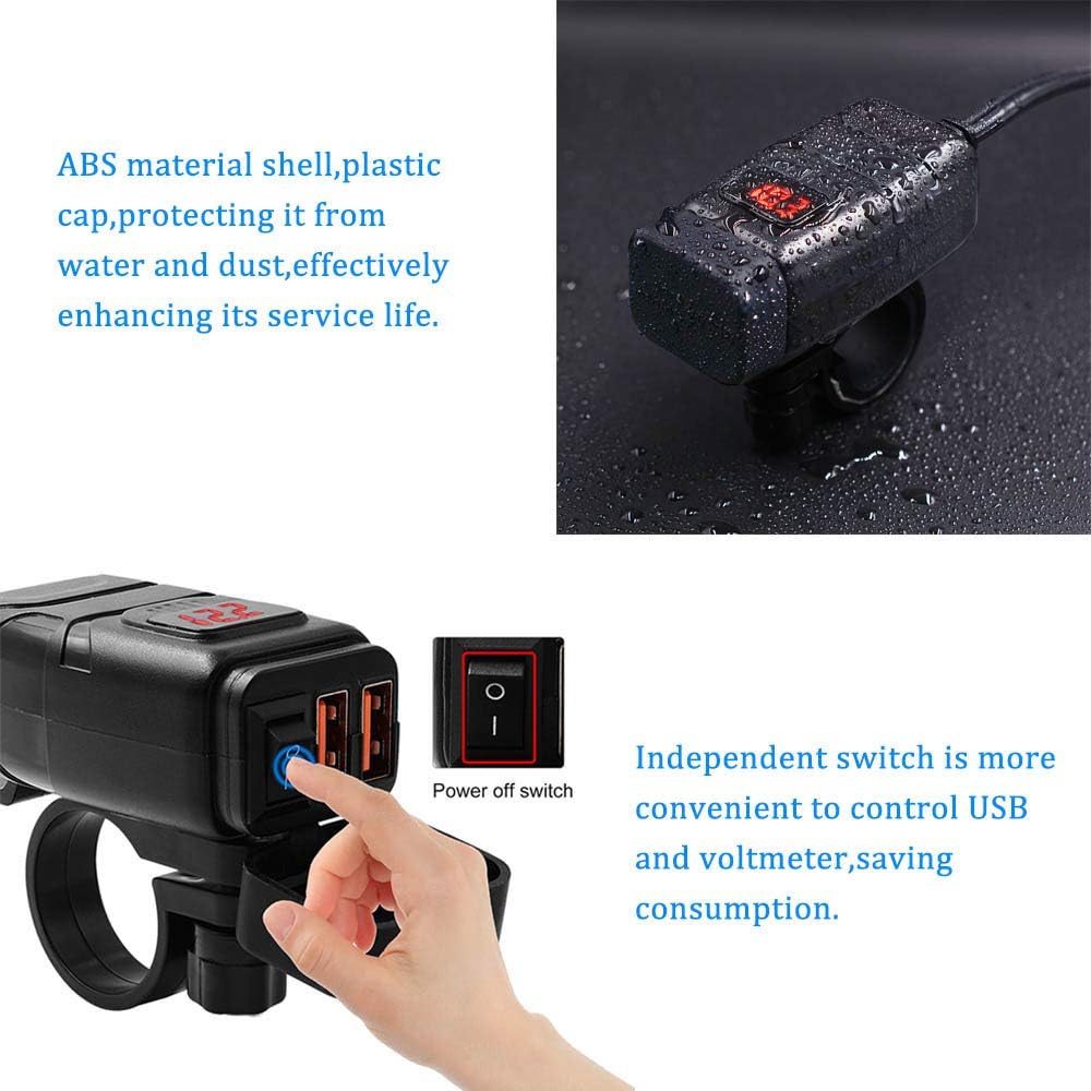 Vagary Dual USB Charger Socket with Voltmeter Motorcycle Handlebar Clamp Fast USB Charger for Mobile Phone GPS
