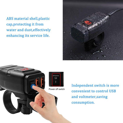 Vagary Dual USB Charger Socket with Voltmeter Motorcycle Handlebar Clamp Fast USB Charger for Mobile Phone GPS