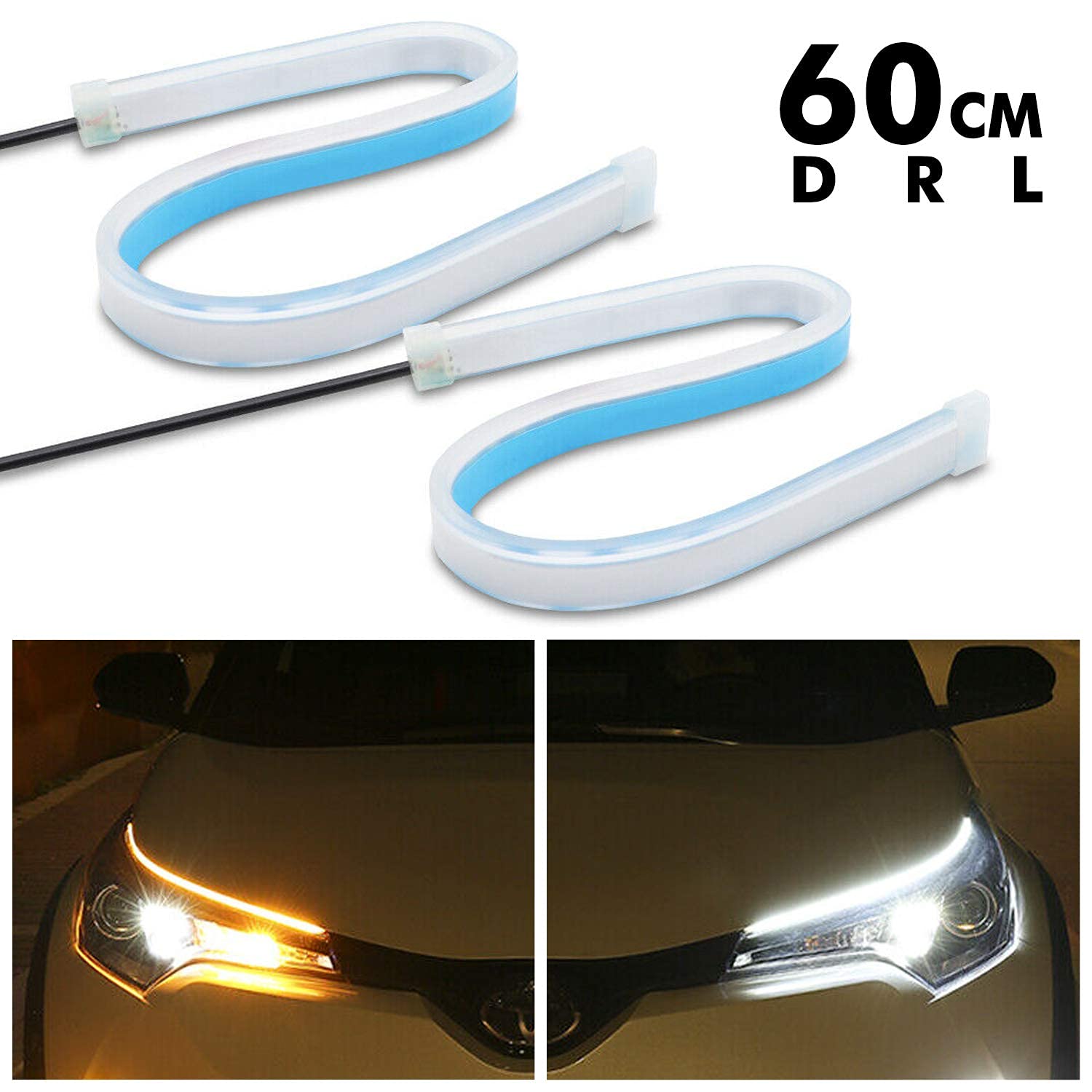 Vagary Universal Car Headlight 60cm DRL | Daytime Running Light | Flexible Light Soft Tube Guide Car LED Strip White and Yellow