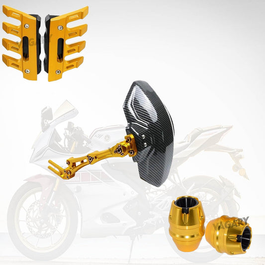 Vagary Combo of 3pc Bike Rear Mud Guard, Front Fork Frame Sliders & Shocker Protector for Pulsar NS 200, RS 200, Raider 125, R15 V3, V4, R15M, MT 15, Pulsar N160 & Fit All Bikes (Golden)