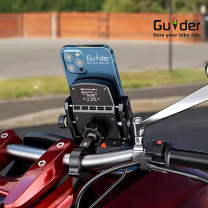 Guider Jaw-Grip Waterproof Bike Mobile Phone Holder Mount with Fast 15W Wireless & USB-C Input/Output Charger, Ideal for Maps and GPS Navigation (Black)