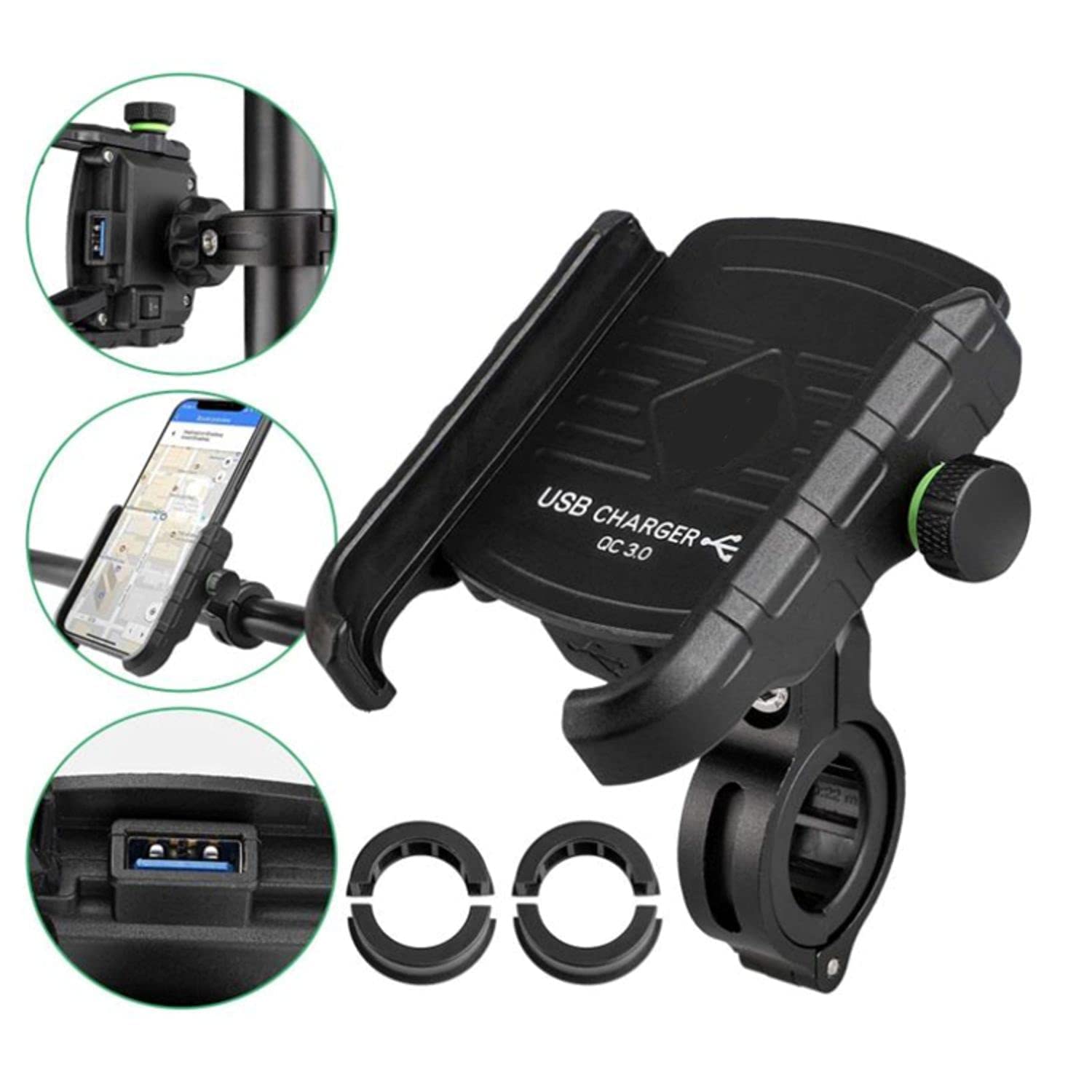 Vagary haw Grip Waterproof Bike | Motorcycle | Scooter Mobile Phone Holder Mount with Fast USB QC 3.0 Charger & 360° Rotation for Maps and GPS Navigation (Black)