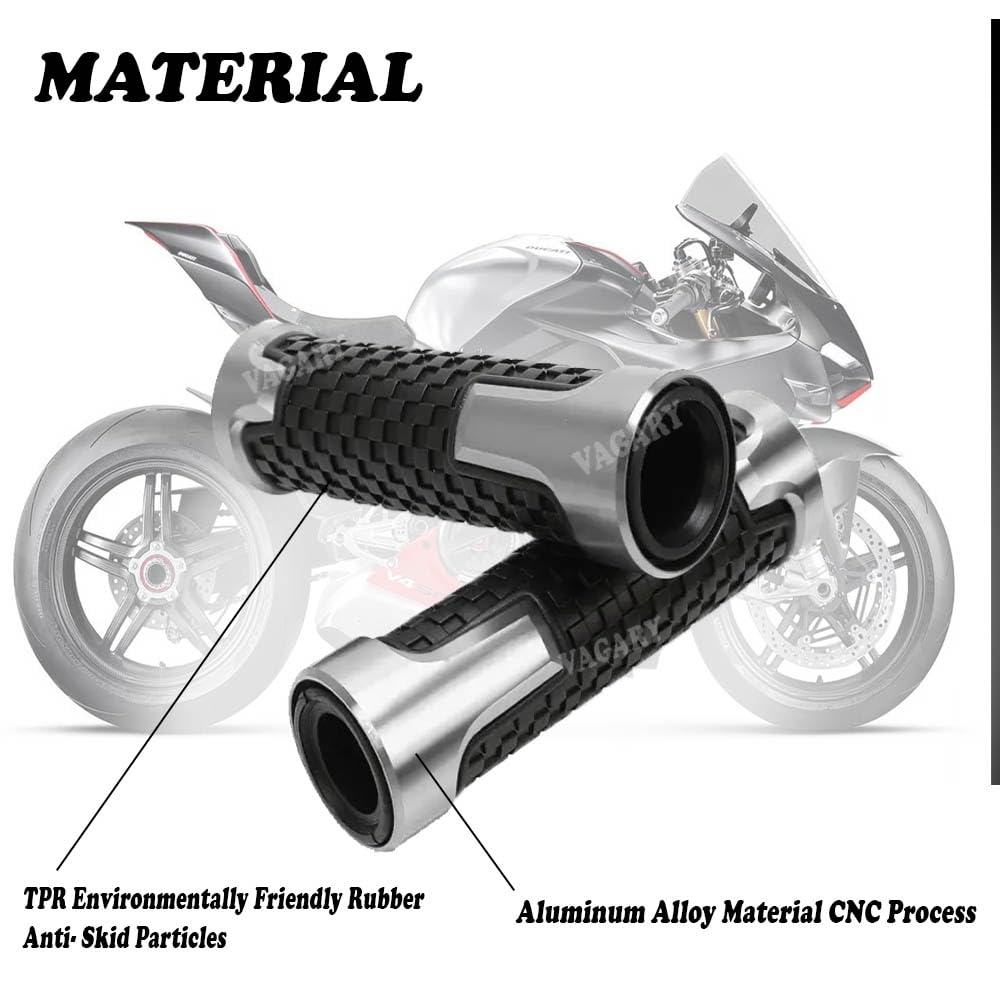Vagary Aluminum Alloy Motorcycle Handle Grips - 7/8" 22mm Rubber Handlebar Universal Fit for Suzuki, KTM, Yamaha, Ducati, Kawasaki, Benelli, for Honda, Aprilia (Silver)