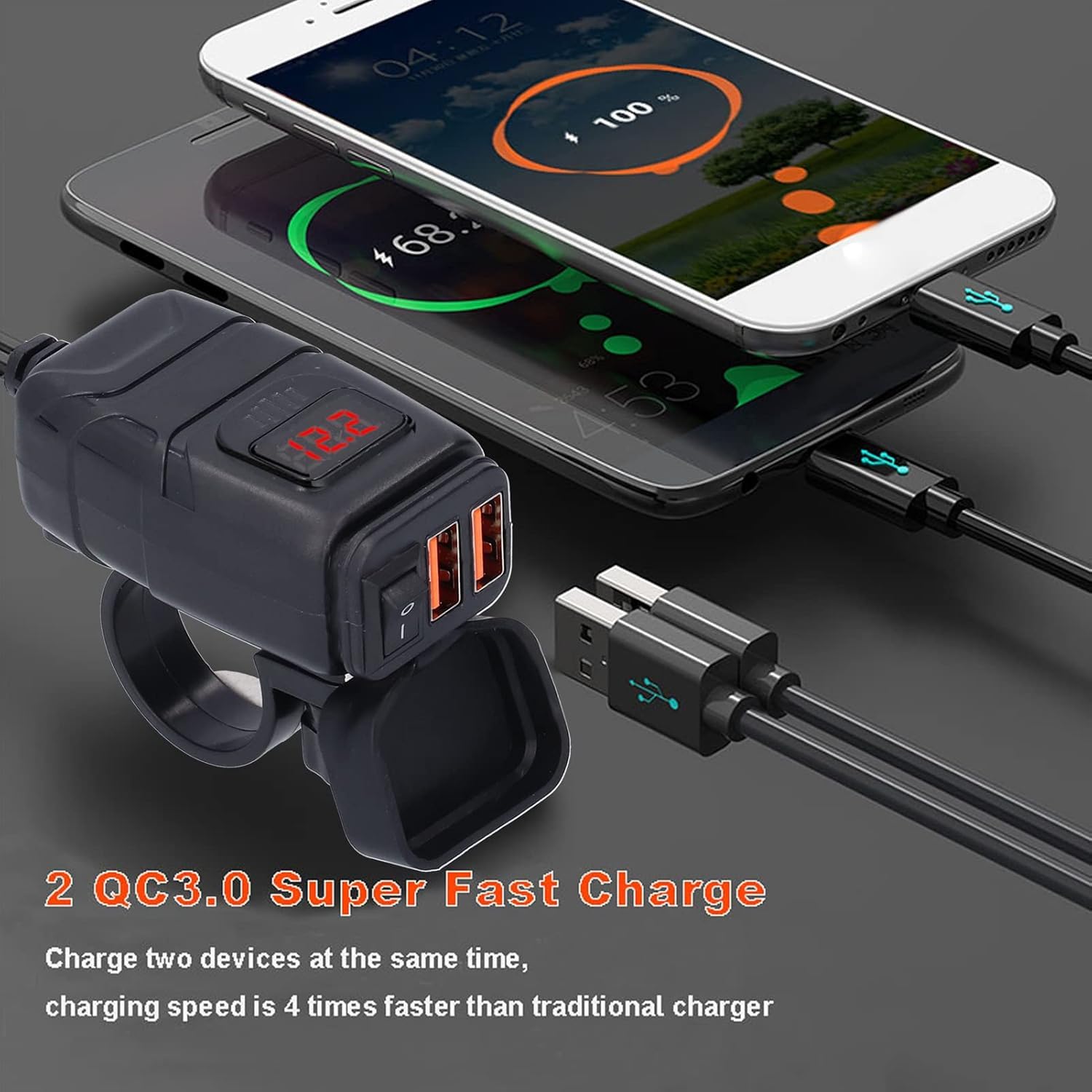 Vagary Dual USB Charger Socket with Voltmeter Motorcycle Handlebar Clamp Fast USB Charger for Mobile Phone GPS