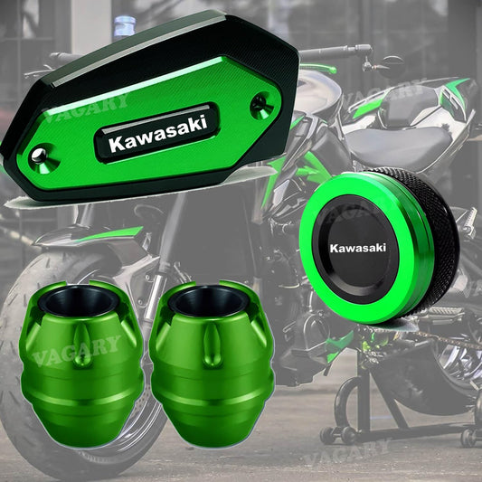 Vagary CNC Front and Rear Brake Fluid Cylinder Master Reservoir Cover Cap with Front Fork Wheel Slider for Kawasaki Z900 /650 (3pc Combo)