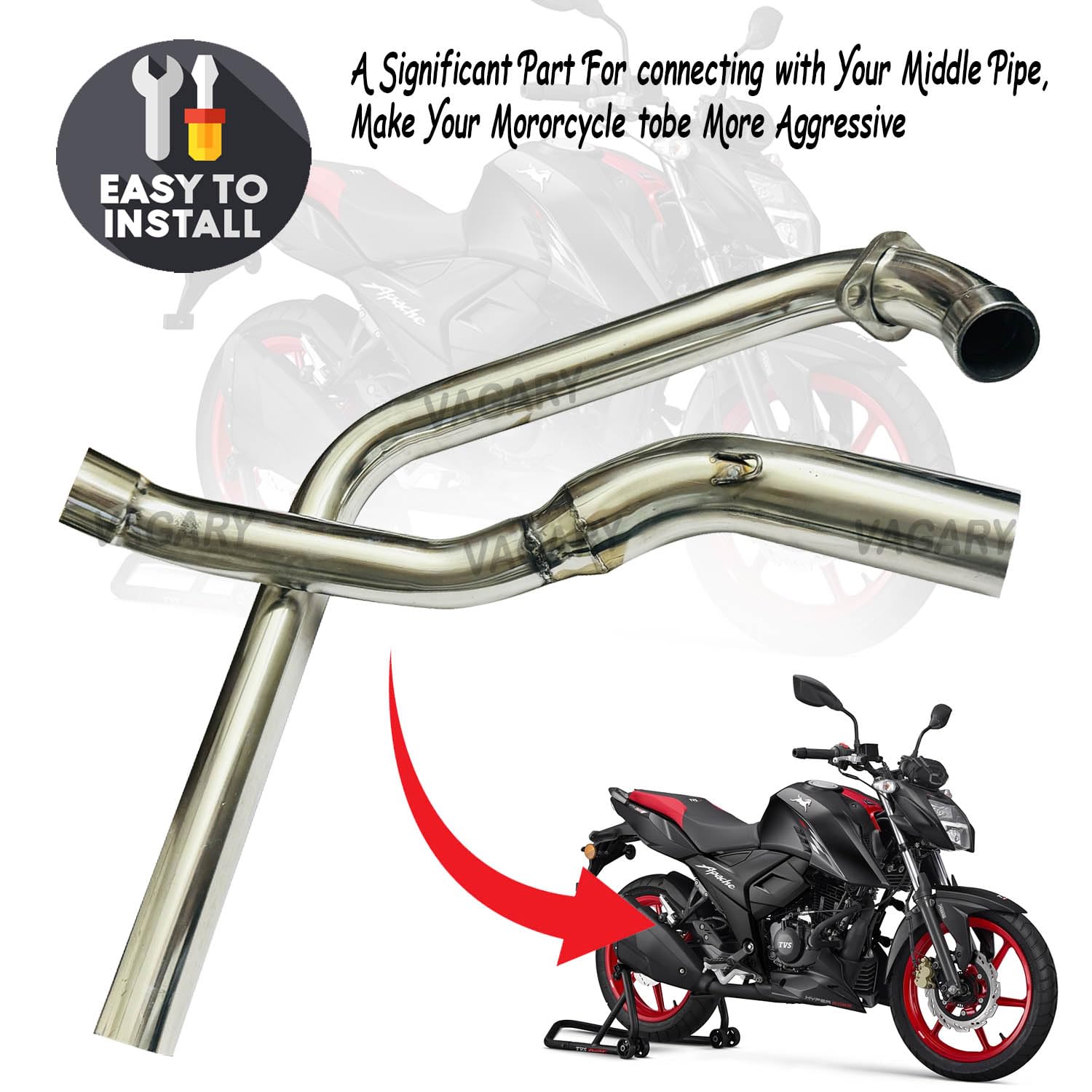 Vagary Stainless Steel High Performance Exhaust Middle Bend Pipe for TVS Apache Rtr 4V 160 Bend Pipe