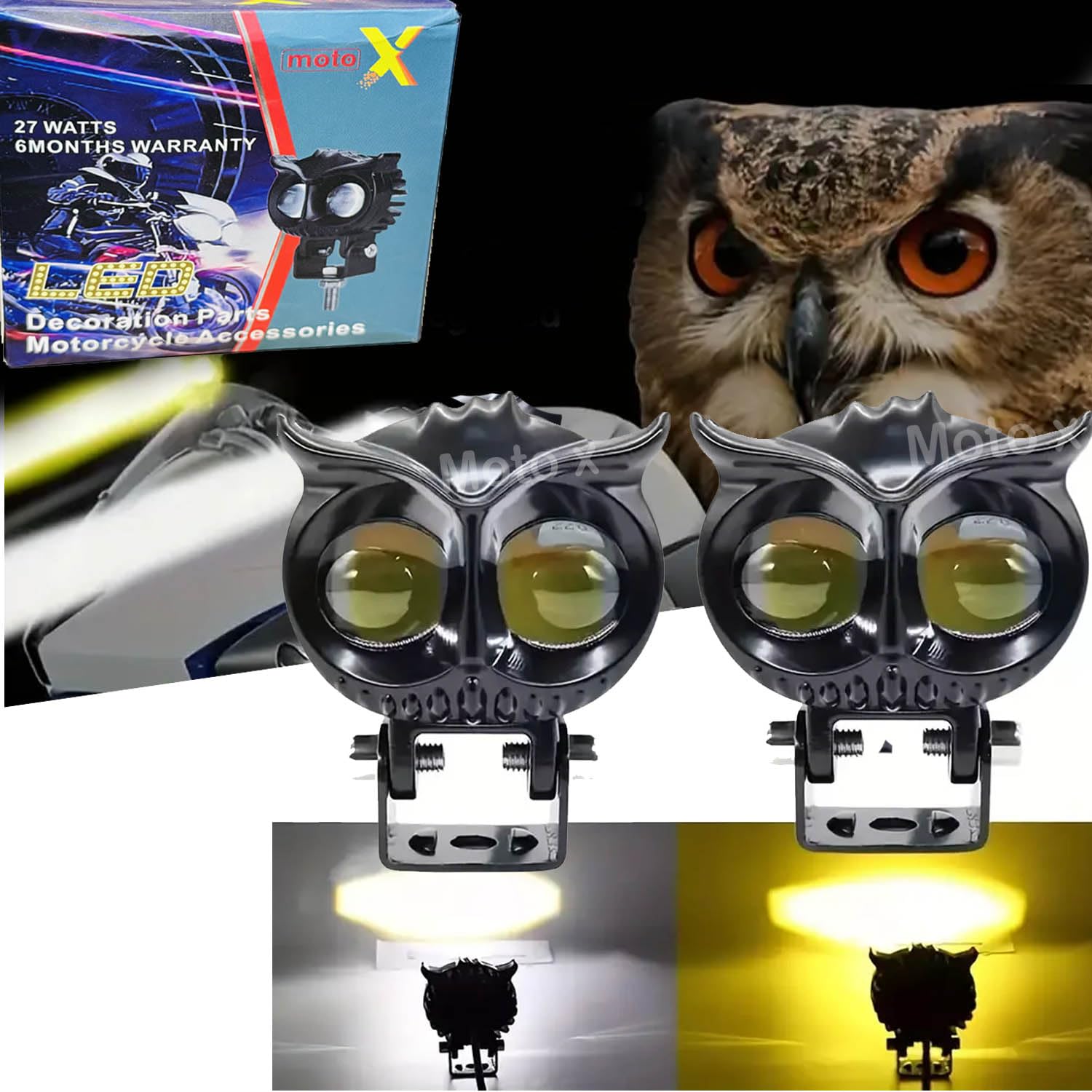 Moto X LED Motorcycle Driving Fog Lights Dual Color Amber/White Owl Fog Lamp 3mode Offroad Driving Headlights Universal for Bikes(Pack of 2)