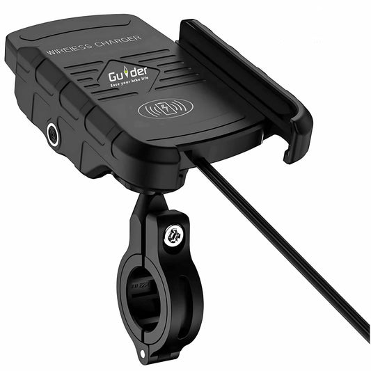 Guider Jaw-Grip Waterproof Bike Mobile Phone Holder Mount with Fast 15W Wireless & USB-C Input/Output Charger, Ideal for Maps and GPS Navigation (Black)