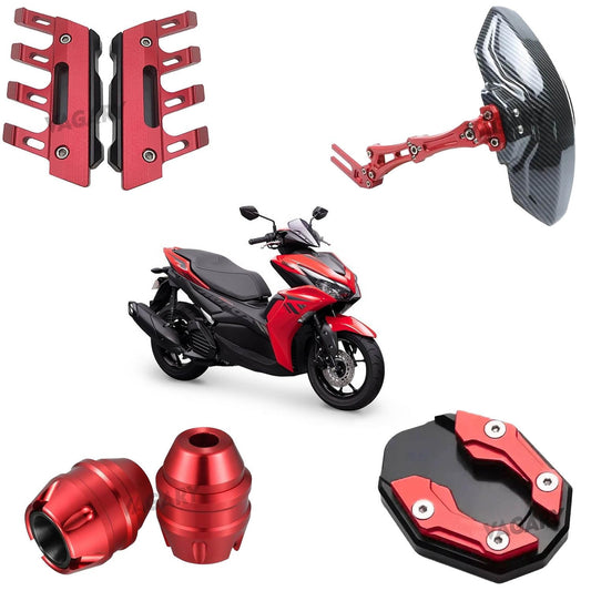 Vagary Combo of 4pc CNC Aerox 155 Side Stand Extender, Fork Wheel Slider, Shocker Protector & Mud Guard (Aerox 155 Accessories) -Red