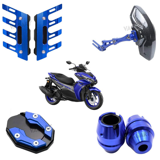 Vagary Combo of 4pc CNC Aerox 155 Side Stand Extender, Fork Wheel Slider, Shocker Protector & Mud Guard (Aerox 155 Accessories) -Blue
