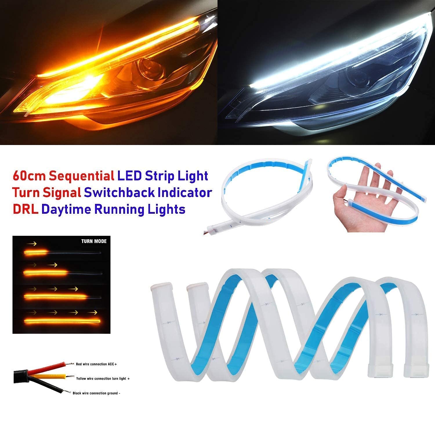 Vagary Car Universal Automatic Daytime Running Light Silicone Light Strip with White Yellow Turn Signal for All Bikes And Cars