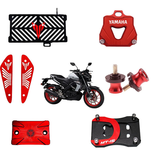 Vagary Combo of Yamaha MT 15 Accessories Radiator Grill, Air Intake, Spool Slider, Key Cover, Disc Oil Cap, Bike Side Stand Extender Suitable for MT 15 (Red)