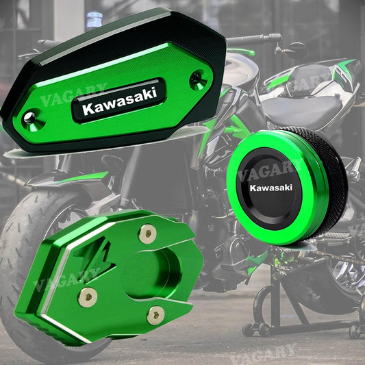 Vagary 3pc Combo CNC Front and Rear Brake Fluid Cylinder Master Reservoir Cover Cap and Side Stand Extednder for Kawasaki Z900 (Green)