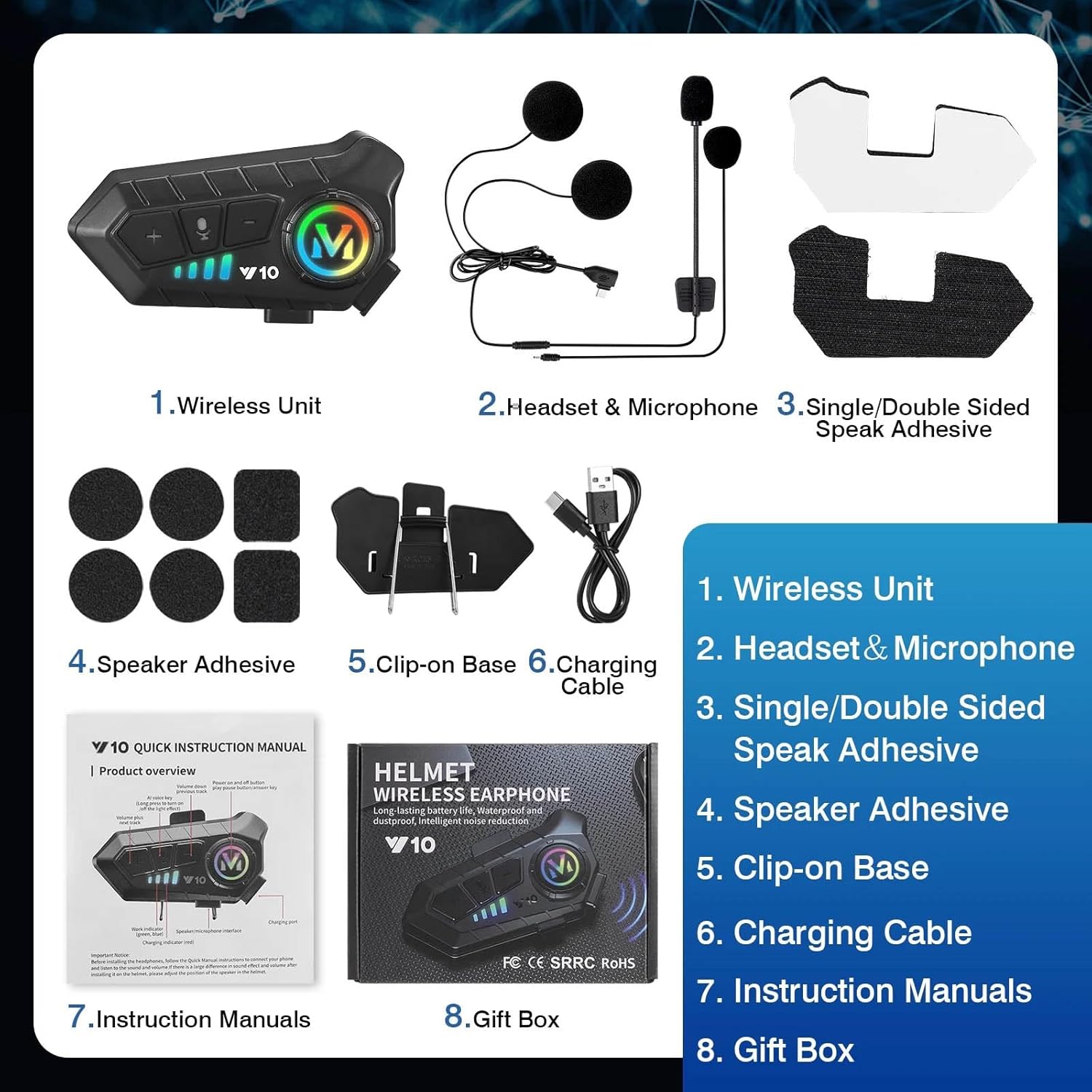 Moto X Motorcycle Helmet Bluetooth Headset with HiFi Stereo Sound,Noise Reduction,1000mAh Battery,Helmet Bluetooth Headset Speakers with RGB,IPX6 Waterproof, Handfree Easy Set up